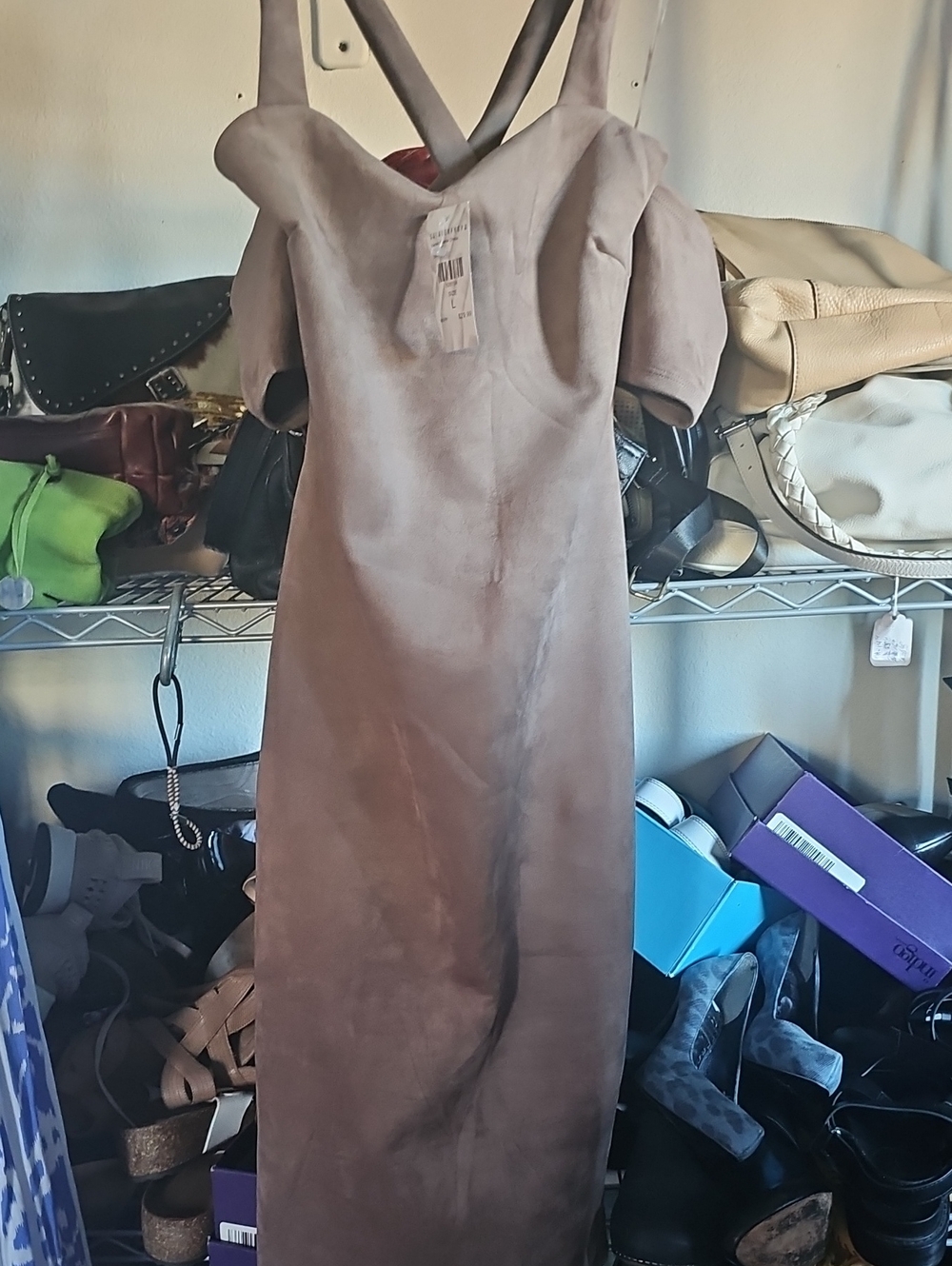 Fashion Nova Mauve/Taupe Off-Shoulder Maxi Dress